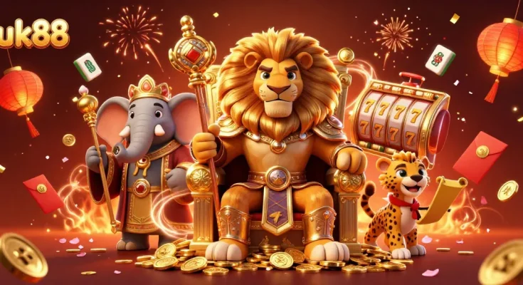 Experience excitement with uk88's vibrant casino scene featuring a lion king on a throne.