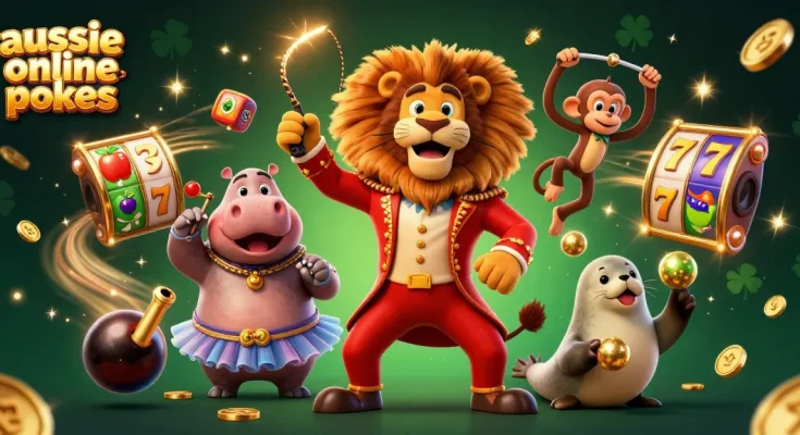 A dynamic scene showcasing aussie online pokies with a circus theme, including a lion, hippo, monkey, and seal amidst vibrant slot elements.